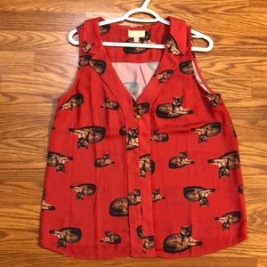 ModCloth cat pattern red blouse, Large